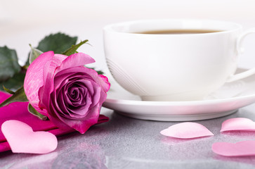 Fototapeta na wymiar Pink Rose and Cup of Coffee