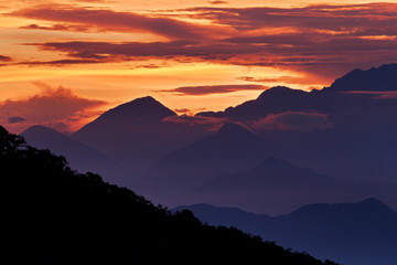 Looking down on Sierra Nevada de Santa Marta, high Andes mountains of the Cordillera, Paz, Colombia. Travel holiday in Colombia. Sunrise in the mountain.