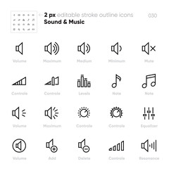 Volume Controls outline vector icons. Equaliser, Note, Levels, Mute. Editable stroke.