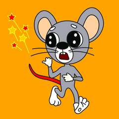 emoji with frightened mouse with tail flaming and sparkling, vector smiley in color, simplified colorful emoticon