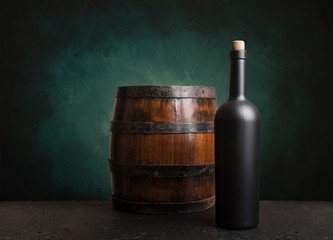 Wine tasting experience in the rustic cellar and wine bar: red wine glass and collection of...