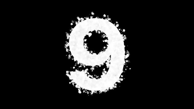 Number 9 appears with white particles on black background