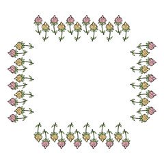 Square frame made of pink and yellow flower doodles. Festive flower border for your design.