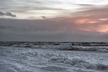 Icy baltic sea coast in winter next to Liepaja, Latvia.