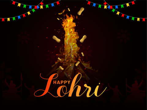 Vector Illustration of Happy Lohri holiday background for Punjabi festival  with bonfire night and couples dancing bhangra. Stock Vector | Adobe Stock