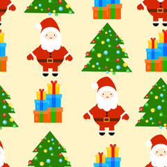 This is seamless pattern texture of Christmas Santa Claus, Christmas tree and gift box on yellow background.
