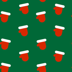 This is seamless pattern texture of Santa’s Claus gloves on red background. Cartoon  illustration. Wrapping paper.