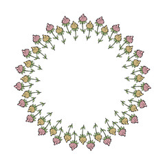 Round frame made of pink and yellow flower doodles. Romantic wreath on white background for your design.