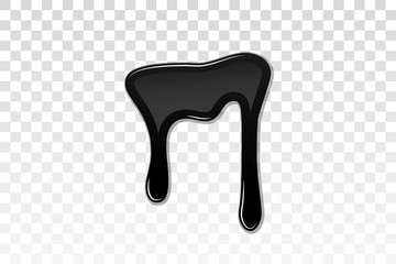 Drip paint 3D. Ink stain. Drop melt liquid isolated on white transparent background. Splash of chocolate, oil, blood. Black graffiti. Splatter syrup, candy sauce, caramel. Vector illustration