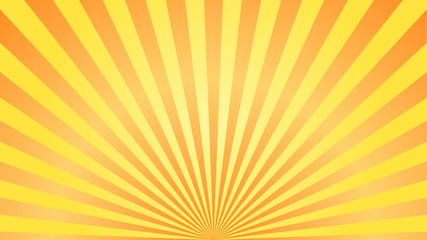 Sun rays background. Orange yellow radiate sun beam burst effect. Sunbeam light flash boom. Starburst poster. Sunlight star, sunrise glow burst. Solar radiance glare, retro design. Vector illustration