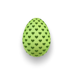 Easter egg 3D icon. Cute green egg, hearts, isolated white background. Bright realistic design, decoration Happy Easter celebration. Holiday element. Shiny pattern. Spring symbol. Vector illustration