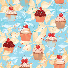 Vector teal background with sweets, Cupcakes with cherries seamless pattern