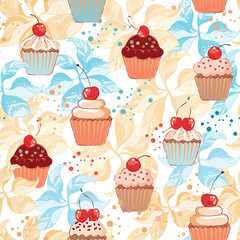 Cupcakes with cherry seamless pattern, sweets background
