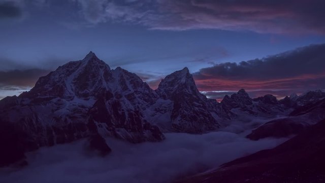 Taboche and Cholatse Mountains at Evening Twilight. Himalaya, Nepal. Timelapse