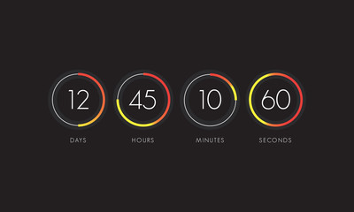 Countdown clock counter timer. Vector digital count down circle board with circle time pie diagram.