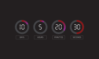 Countdown clock counter timer. Vector digital count down circle board with circle time pie diagram.