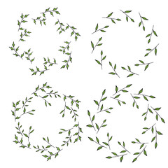 Four round frames made of green branches. Wreaths on white background for your design