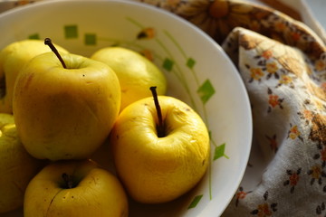 Natural yellow apples in a plate closeup, organic fruits on a sunny winter day.