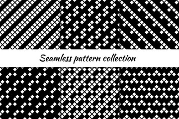 Seamless pattern collection. Geometrical design backgrounds set. Repeated rhombuses, diamonds, squares motif. Geo checks