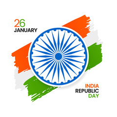 Indian Republic Day celebration poster design with tricolor india grunge flag background and ashoka chakra symbol vector illustration