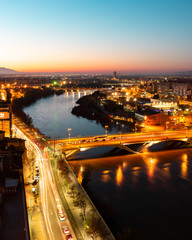 Aerial sunset view of the Ebro river from the tower of the Basilica del Pilar in Zaragoza, Spain