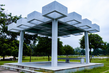 Fototapeta premium low angle shot of shelter in park along with trees background. resting and relaxation concept