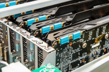 Close-up of video cards in electronics industry