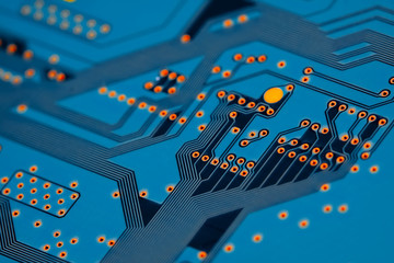 Electronic circuit board with electronic components such as chips close up. The concept of the...