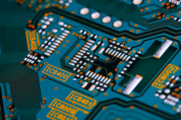 Electronic circuit board with electronic components such as chips close up. The concept of the...