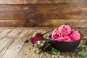Vegan beets ice cream with chocolate drops