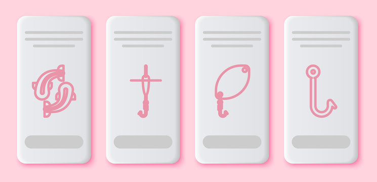 Set line Fish, Fishing hook and float, Fishing spoon and Fishing hook. White rectangle button. Vector