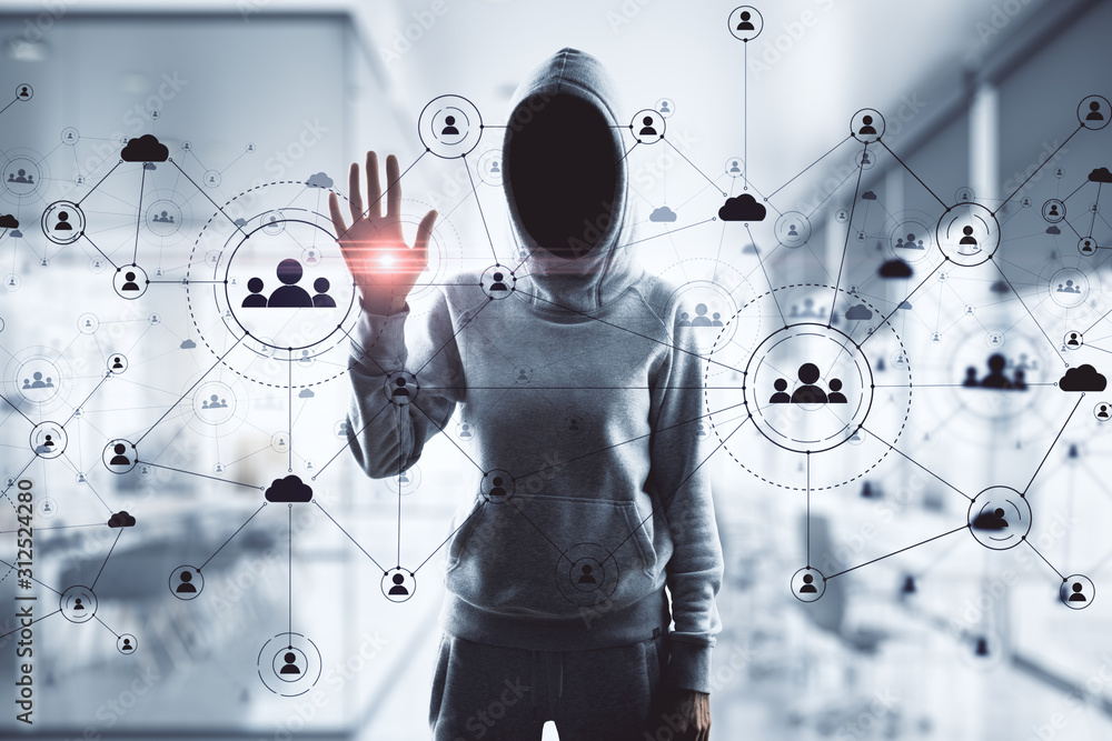 Poster hacker pushing glowing human resource interface on virtual screen