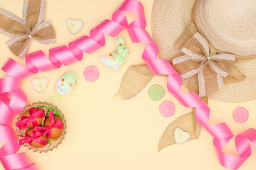 Happy Easter- Easter decoration on yellow background 