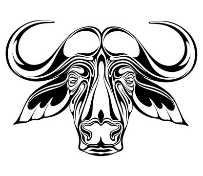 A stylized image of the head of an African buffalo that can be used to create a logo or tattoo.