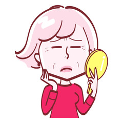 手鏡を持つおばあちゃん　不満げな表情