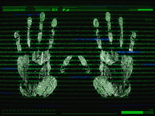 Palm print recognition and access concept. Security software by biometric data. Identification by...