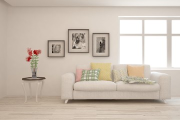 Stylish room in white color with sofa. Scandinavian interior design. 3D illustration