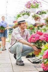 Fototapeta na wymiar Happy male gardener holding flower pot with colleague standing in background at greenhouse