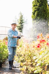 Full-length of man watering plants outside greenhouse