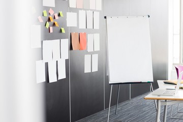 Flip chart by sticky notepapers on wall in office