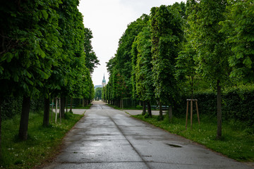 Avenue in Augarten Park in Vienna on a cloudy day in spring