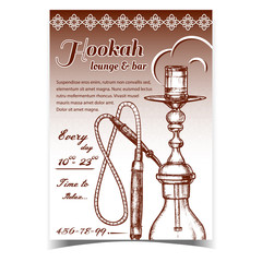 Hookah Lounge And Bar Advertising Poster Vector. Single Stemmed Hookah Whose Vapor Or Smoke Is Passed Through Water Basin Often Glass Based Inhalation. Monochrome Designed In Retro Style Illustration