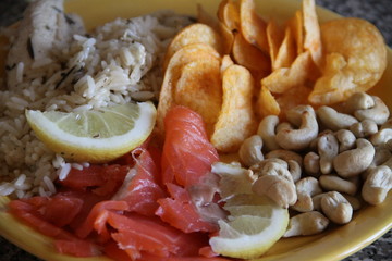 Fish and shrimps with snacks