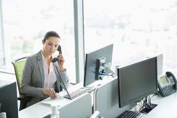 Young businesswoman talking on telephone in office