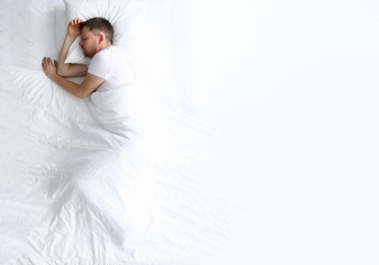 Young caucasian beauty woman sleeping on white bed