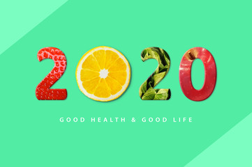 2020 Happy New Year for healthcare. fruit and vegetables which make 2020 number.