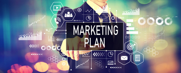 Marketing plan with a businessman on a shiny background