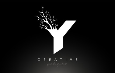 Letter Y Design Logo with Creative Tree Branch. Y Letter Tree Icon Logo - obrazy, fototapety, plakaty