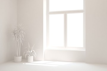 Empty room in white color. Scandinavian interior design. 3D illustration