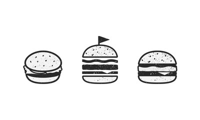 Fast Food icons isolated on white background. Set of 3 vector burgers with grunge texture. Elements for restaurant menu design, logo, labels.